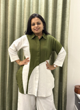 Green and Offwhite Cotton Katha Coord set