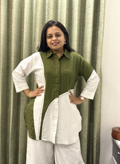 Green and Offwhite Cotton Katha Coord set