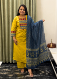 Yellow cotton dress with blue duppata