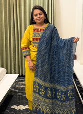 Yellow cotton dress with blue duppata