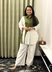 Green and Offwhite Cotton Katha Coord set
