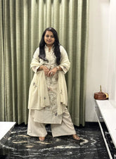 Beige Cotton Dress With Floral Thread Work & Palazzo