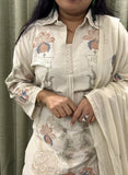 Beige Cotton Dress With Floral Thread Work & Palazzo