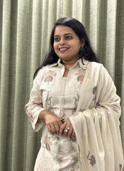 Beige Cotton Dress With Floral Thread Work & Palazzo