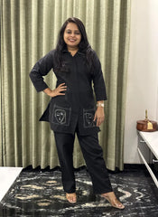 Black Cotton Co-ord Set With Back Work & Statement Pocket Design