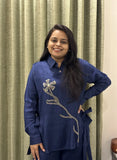 Blue Silk Co-ord Set with Side Tie-Up & Statement Embroidery