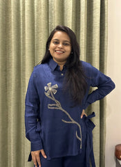 Blue Silk Co-ord Set with Side Tie-Up & Statement Embroidery