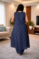 Blue jamdani cotton sleeveless kurti set with subtle hand detailing with attached sleeves