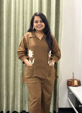 Brown Cotton Co-ord Set with Floral Embroidery & Pocket