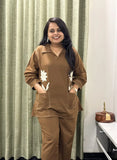 Brown Cotton Co-ord Set with Floral Embroidery & Pocket