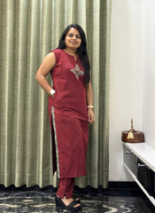 Maroon Cotton 2-Piece Kurti Set for Women