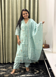 Mint blue embroidered chanderi silk dress with dupatta