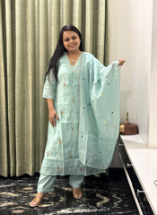Mint blue embroidered chanderi silk dress with dupatta