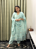 Mint blue embroidered chanderi silk dress with dupatta