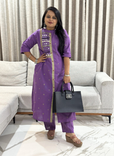 Jamdani Cotton Purple Mirror Worked Handcrafted Kurta with Straight Pants