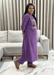 Jamdani Cotton Purple Mirror Worked Handcrafted Kurta with Straight Pants