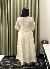 Creme Chanderi Embroidery with Applique round neck 3 piece set with jacket