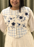 Creme Chanderi Embroidery with Applique round neck 3 piece set with jacket