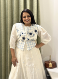 Creme Chanderi Embroidery with Applique round neck 3 piece set with jacket