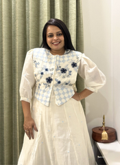 Creme Chanderi Embroidery with Applique round neck 3 piece set with jacket
