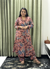 Dusty Rose Kalamkari Floral Print Cotton Kurta Set with Pants
