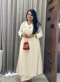 Off White Cotton Ethnic Embroidered A-Line Kurta Set