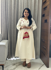 Off White Cotton Ethnic Embroidered A-Line Kurta Set