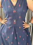 Blue jamdani cotton sleeveless kurti set with subtle hand detailing with attached sleeves