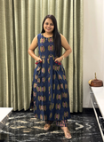 Blue Block Print with Hand-mirror work Cotton Kurti Set