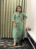 Green jamdani cotton kurti set with handcrafted detailing on neck