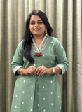Green jamdani cotton kurti set with handcrafted detailing on neck