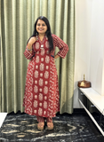 Red Maroon Floral Printed Cotton Kurti Set with Handwork Neck Detailing
