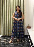 Blue Block Print with Hand-mirror work Cotton Kurti Set