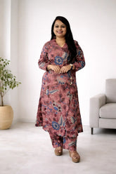 Dusty Rose Kalamkari Floral Print Cotton Kurta Set with Pants