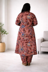 Dusty Rose Kalamkari Floral Print Cotton Kurta Set with Pants
