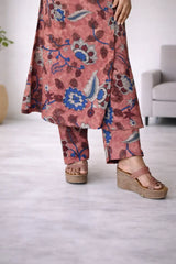 Dusty Rose Kalamkari Floral Print Cotton Kurta Set with Pants