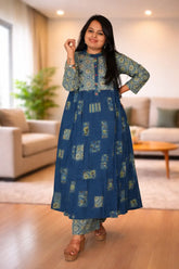 Indigo Ajrakh print kurti set with hand mirror work detailing on neck with Ajrakh print bottom