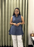 Indigo Cotton Short Top with Printed Design & Shirt Collar