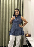 Indigo Cotton Short Top with Printed Design & Shirt Collar