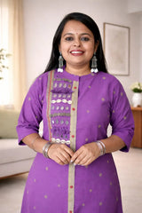 Jamdani Cotton Purple Mirror Worked Handcrafted Kurta with Straight Pants