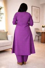 Jamdani Cotton Purple Mirror Worked Handcrafted Kurta with Straight Pants