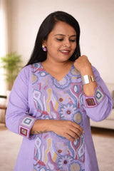 Lavender Cotton Abstract Mandala Embroidered Panel Kurta with Palazzo Set