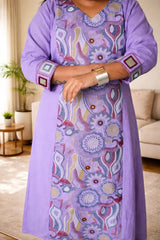Lavender Cotton Abstract Mandala Embroidered Panel Kurta with Palazzo Set