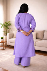 Lavender Cotton Abstract Mandala Embroidered Panel Kurta with Palazzo Set