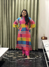 Multi Color Cotton Kurti Set with Vibrant Checkered Pattern