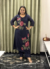 Navy Blue Cotton Dress with Floral Embroidery Kurta Set