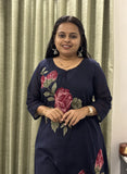 Navy Blue Cotton Dress with Floral Embroidery Kurta Set
