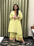 Neon Cotton Co-ord Set With Embroidered Neck & Printed Palazzo