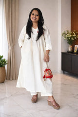 Off White Cotton Ethnic Embroidered A-Line Kurta Set