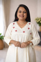Off White Cotton Ethnic Embroidered A-Line Kurta Set
